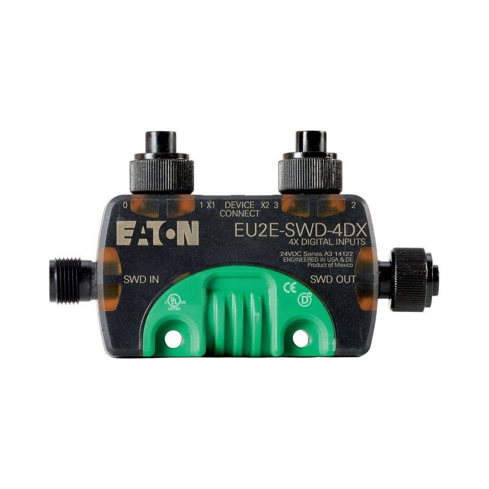 Ein schwarzer und grüner Eaton EU2E-SWD-4DX-Modul mit Anschlüssen für Geräteverbindung und vier digitalen Eingängen, verwendet in elektrischen Schaltkreisen.