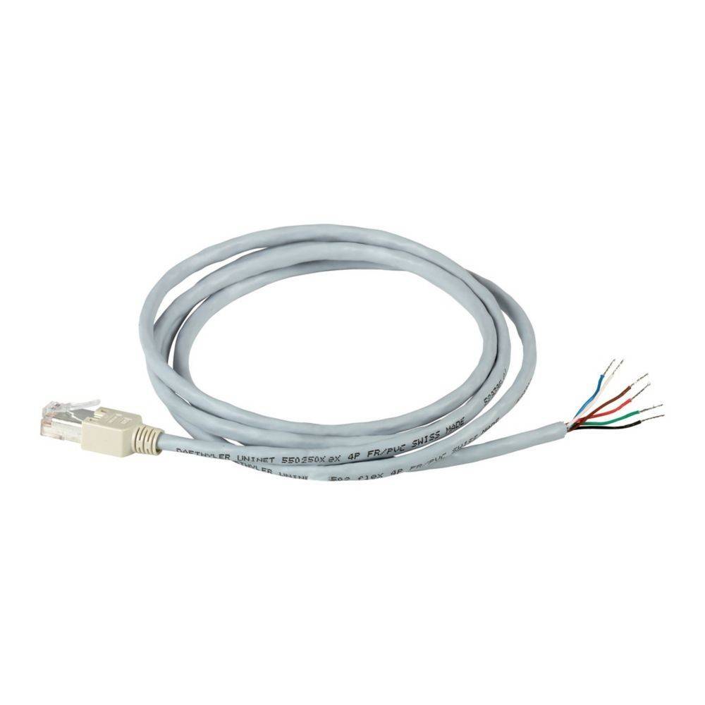 Ein aufgewickeltes graues Ethernet-Kabel mit einem Stecker an einem Ende und vier freiliegenden Drähten am anderen Ende.