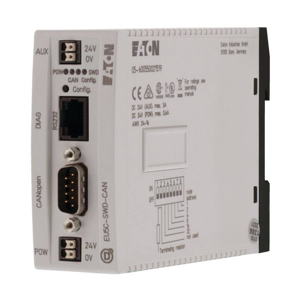 Eaton Industriegerät mit CANopen- und seriellen Anschlüssen, verwendet für Kommunikation in Automatisierungssystemen. Frontbeschriftungen zeigen Energie, Konfiguration und Konnektivitätsoptionen an.