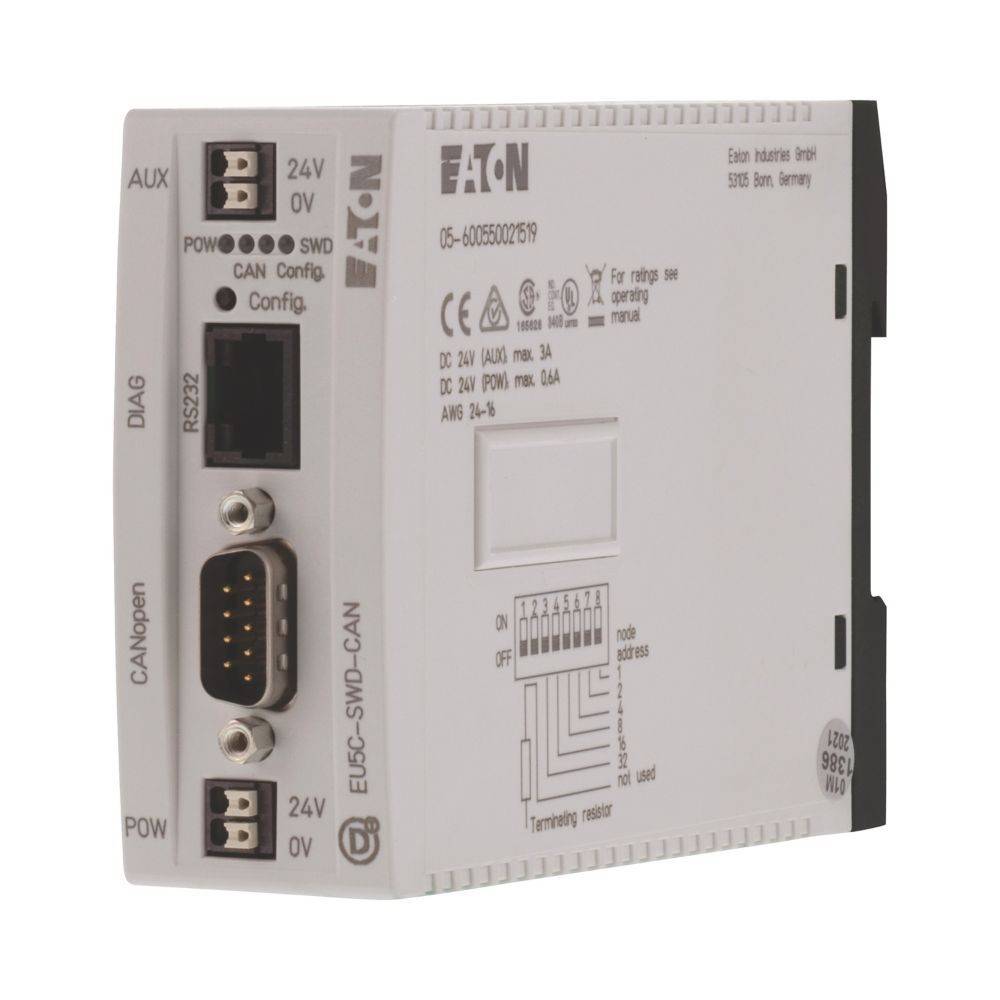 Weißes Eaton Industriesteuermodul mit verschiedenen Anschlüssen, einschließlich CANopen und RS232. Mit Leistungsanforderungen und Indikatoren gekennzeichnet.