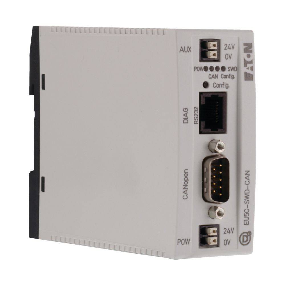 Ein Steuergerät mit Anschlüssen, die mit ‚CANopen', ‚RS232' und ‚Config' beschriftet sind. Die Marke ‚Eaton' ist seitlich sichtbar.