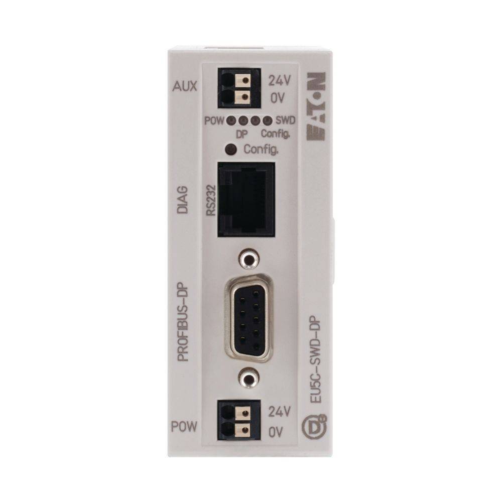 Frontansicht eines Eaton EU5C-SWD-DP Gateway-Moduls, mit Hilfs- und Stromverbindungspunkten, Diagnose- und PROFIBUS-DP-Schnittstellen.