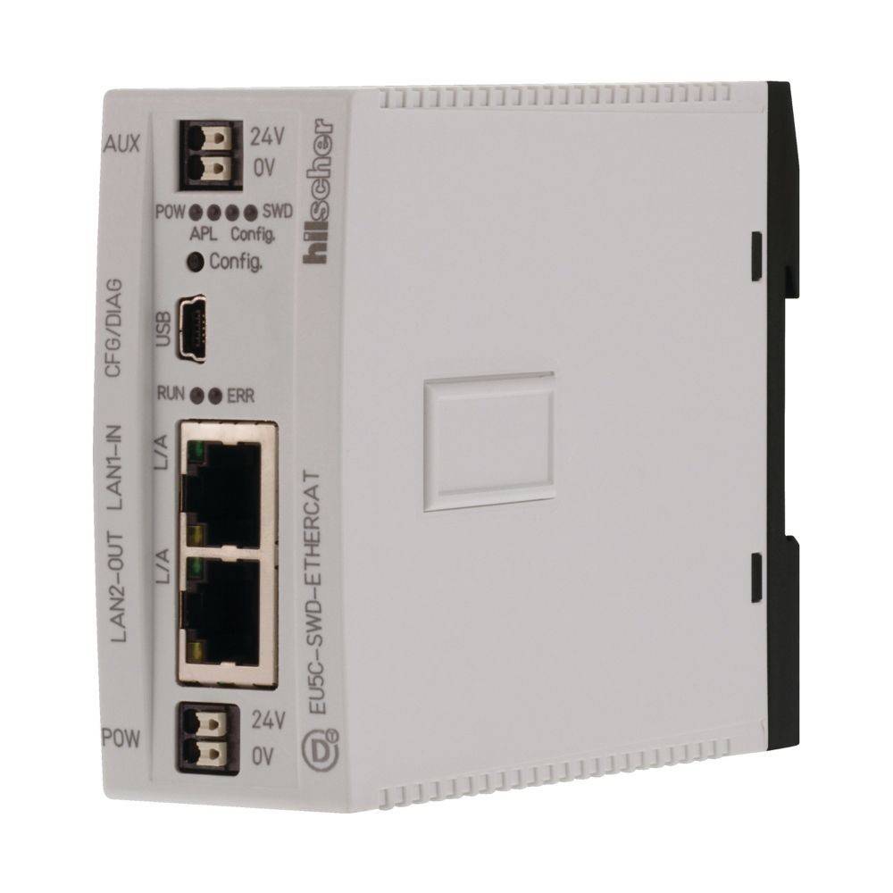 Industrieller Ethernet-Switch mit zwei LAN-Ports, Anzeigelichtern und Stromverbindern. Beschriftet: Hilscher.