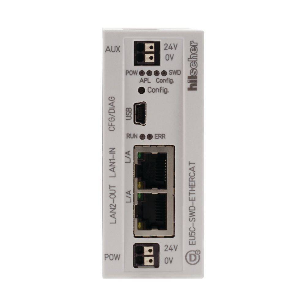 Ein rechteckiges Industriegerät mit Anschlüssen, die als LAN1-H, LAN2-OUT, USB und CFG/DIA6 gekennzeichnet sind. Anzeigelichter zeigen den Energie- und Konfigurationsstatus.