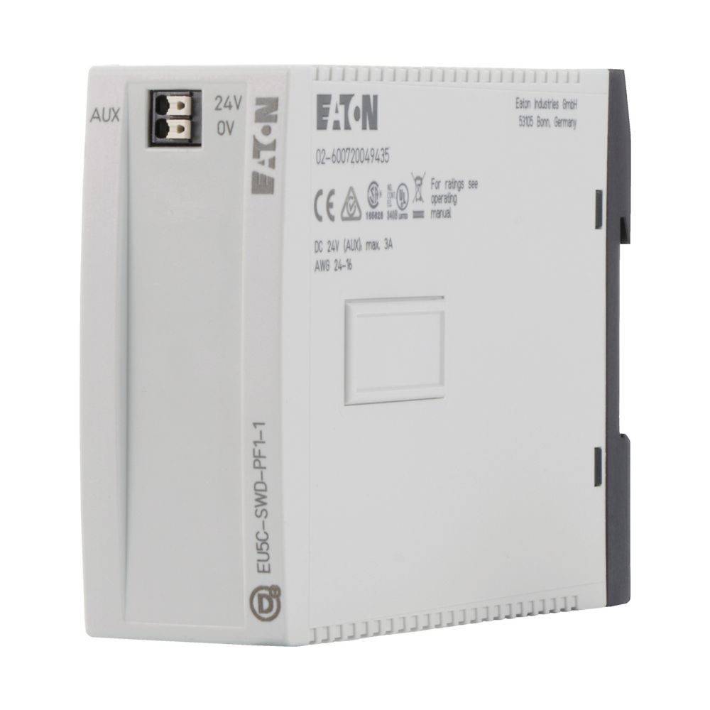 Eaton 24V Strommodul, Modell EUD5-SWD-PBF-1, mit Eingangsbuchsen beschriftet mit 24V, 0V und AUX. Kompaktes Design mit hellgrauer Außenhülle.