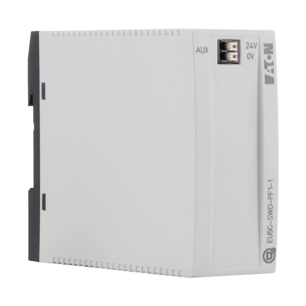 Ein weißes industrielles Stromversorgungsmodul mit der Bezeichnung 'Eaton EU6-SWD-PF1-1' mit einem AUX-Anschluss und der Markierung 24V 0V.