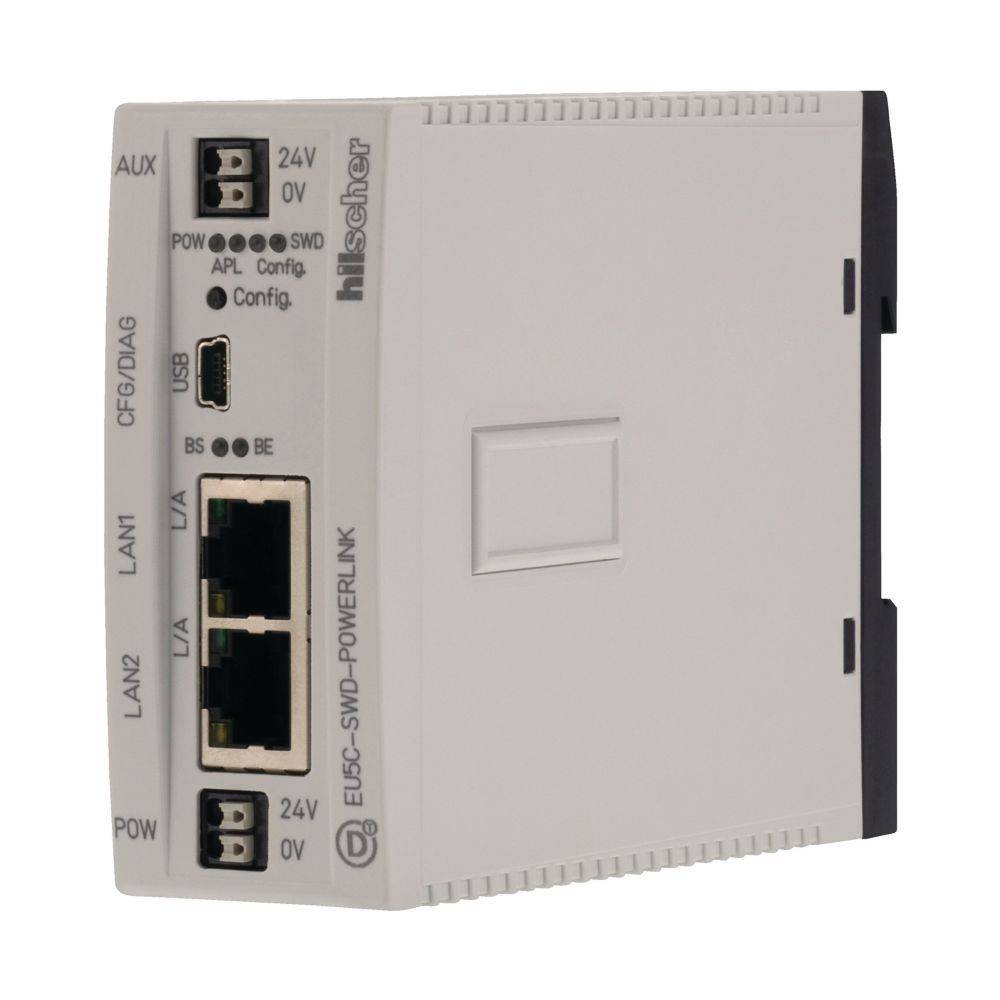 Industrielles Gerät mit zwei LAN-Ports, Stromanzeigelampen und Konfigurationsknöpfen. Mit der Bezeichnung 'EU5C-SWD-POWERLINK.