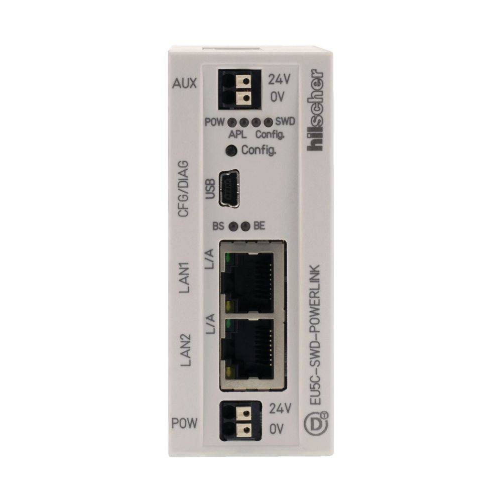 Frontansicht eines weißen industriellen Kommunikationsmoduls mit Anschlüssen, die mit 'LAN1', 'LAN2', USB und Stromanzeigelampen beschriftet sind.