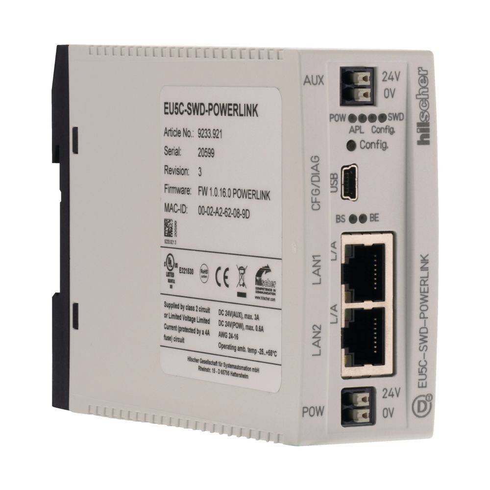EU5C-SWD-POWERLINK' Industriemodul, das Kommunikations- und Stromports zeigt, mit Spezifikationen und Beschriftungen auf der Frontplatte.