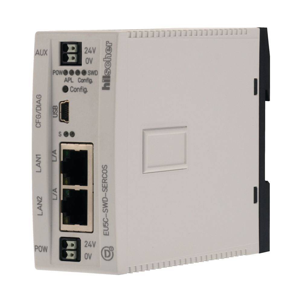 Ein kompaktes elektronisches Modul mit Netzwerkanschlüssen, die mit 'LAN1' und 'LAN2' beschriftet sind, Stromanzeigelampen und einem 'Hilscher'-Logo an der Seite.