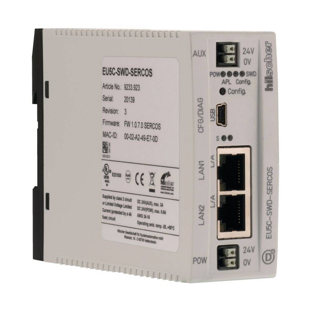 Ein kompaktes industrielles Gerät mit Anschlüssen und Beschriftungen. Es verfügt über zwei LAN-Ports, Stromanzeigelampen und Text mit Modell- und Firmware-Details.