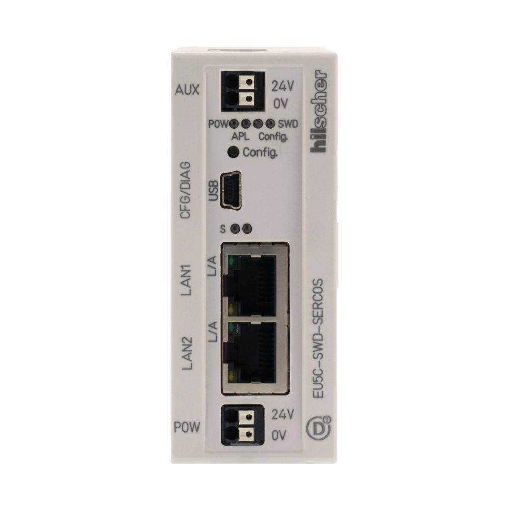 Frontansicht eines Hilscher Kommunikationsmoduls mit zwei LAN-Ports, einem USB-Port und Statusindikatoren für Stromversorgung und Konfiguration.