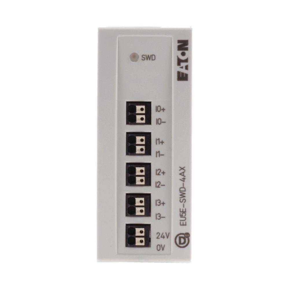 Ein Anschlussblock mit der Bezeichnung 'Eaton' mit mehreren nummerierten Anschlusspunkten: 10+, 10-, 11+, 12+, 13+, 24V und 0V.