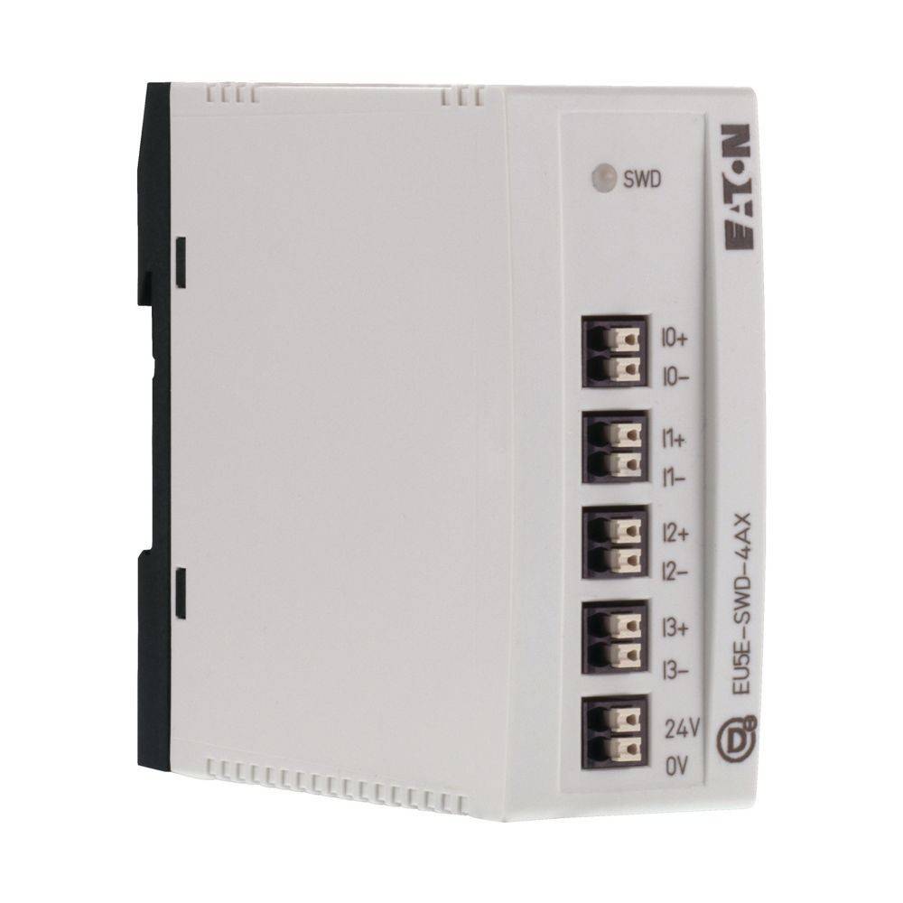 Ein weißer Eaton EU5E-SWD-4-AX Reihenklemmenblock mit Klemmenbeschriftungen: 0V, 24V, I1+, I2+, I3+, I4+ und SWD-Anzeige an der Seite.