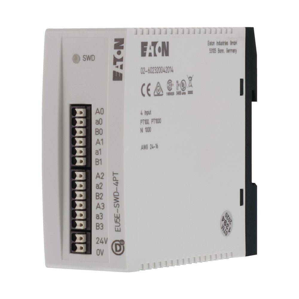 SmartWire-DT Modul EU5E-SWD-4PT von Eaton, Vorder- und Seitenansicht; zeigt mehrere Anschlussklemmen und Markenbeschriftung.