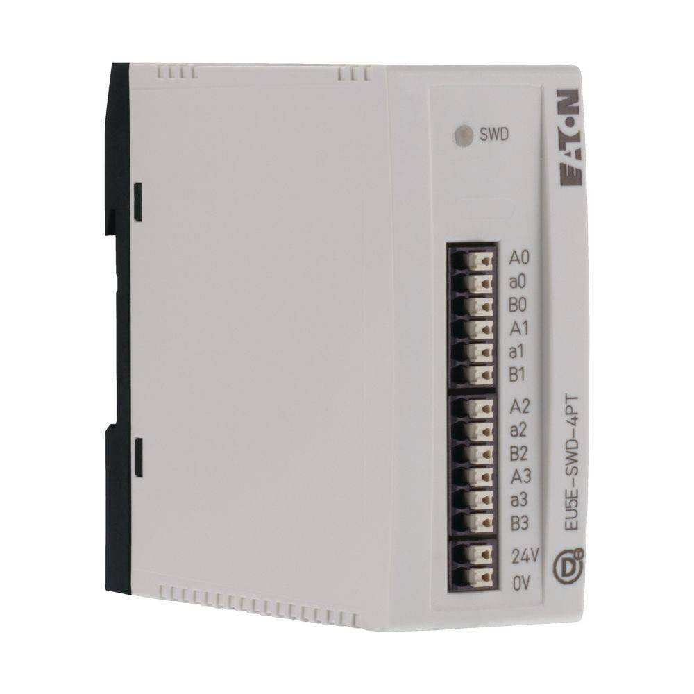 Eaton EU5E-SWD-4PT'-Modul, ein kompaktes Industriegerät mit beschrifteten Anschlüssen an der Seite, wahrscheinlich für Automatisierungssysteme verwendet.