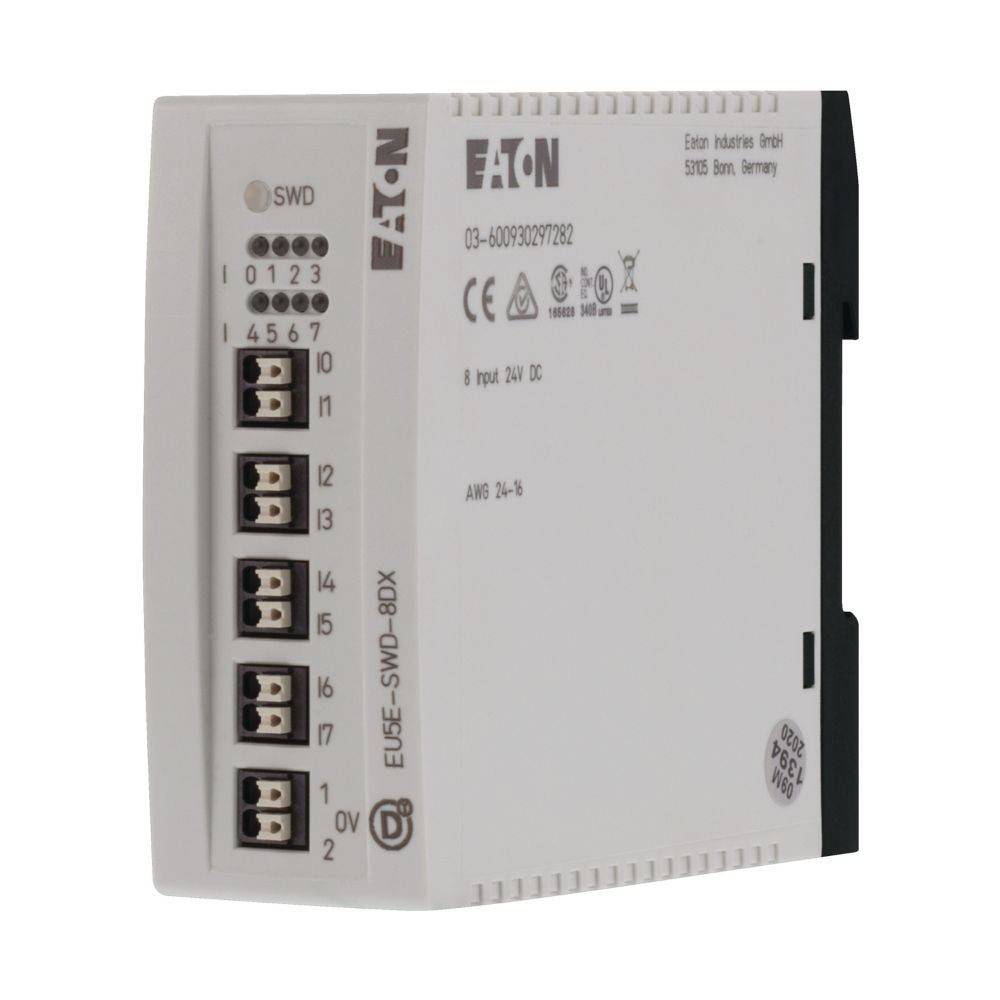 Eaton EU5E-SWD-8DX' ist ein kompaktes industrielles Gerät mit sichtbaren Anschlüssen und beschrifteten Ein- und Ausgängen für Automatisierungsanwendungen.