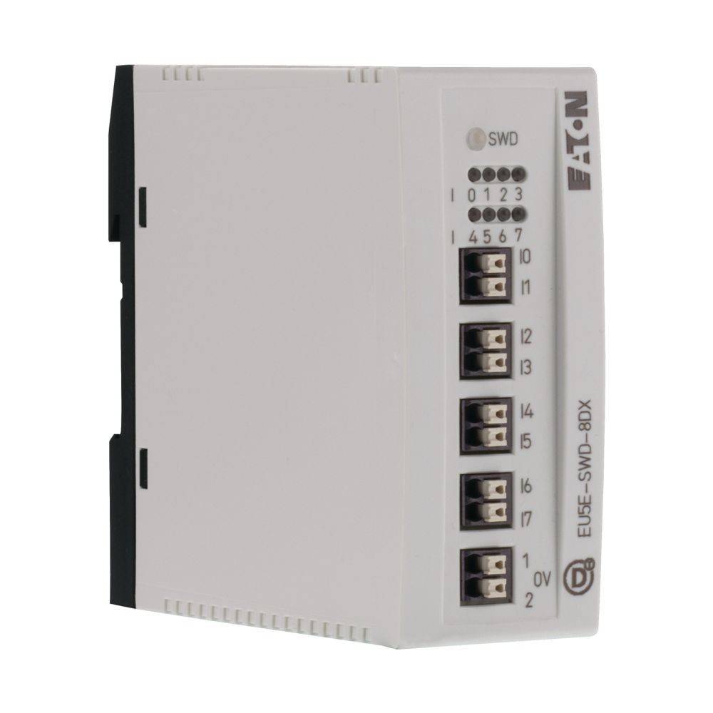 Eaton EU5E-SWD-8DX' Steuergerät mit beschrifteten Anschlüssen rechts, verwendet für elektrische Verbindungen, Teil von Automatisierungssystemen.