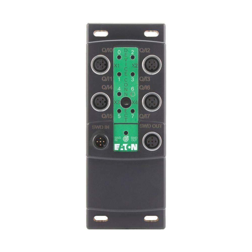Rechteckiges elektronisches Eaton-Gerät mit mehreren kreisförmigen Anschlüssen, die auf einem grünen Panel von 'Q/I0' bis 'Q/I7' beschriftet sind, verwendet für Konnektivität.