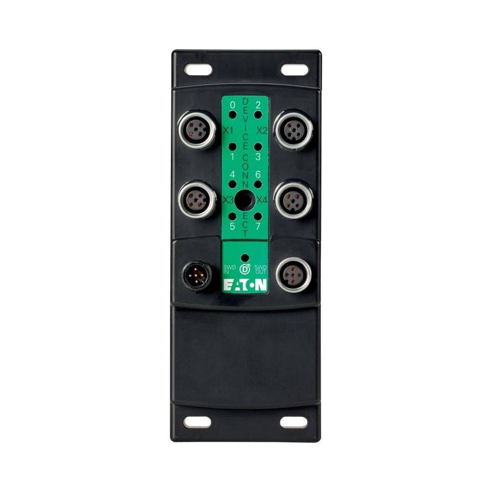 Ein schwarzer Eaton Industrieanschlussblock mit acht kreisförmigen Anschlüssen, von X1 bis X8 beschriftet, für elektrische Verbindungen, mit einem grünen Logo versehen.