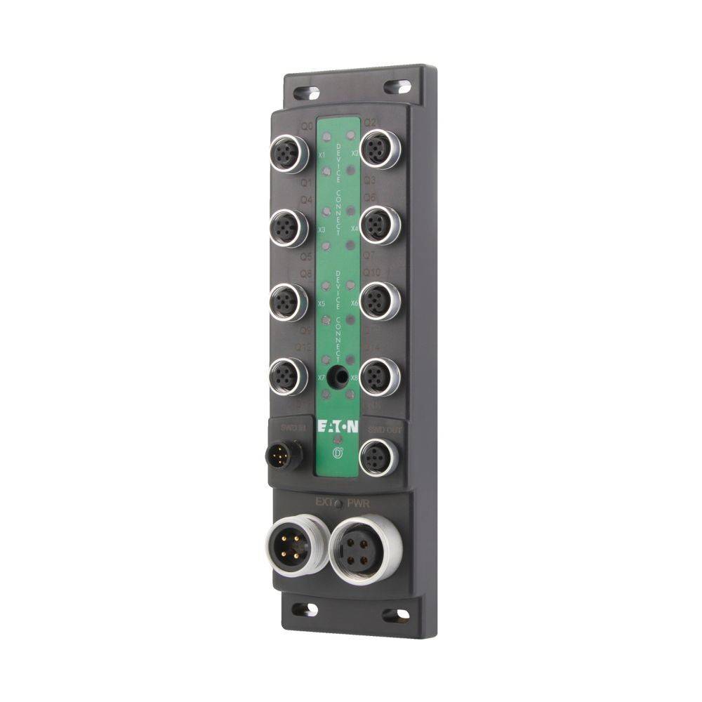 Eaton Sensor-/Aktuator-Schnittstellenmodul mit acht Anschlüssen, das Konnektivität für industrielle Automatisierungssysteme in vertikaler Anordnung bietet.