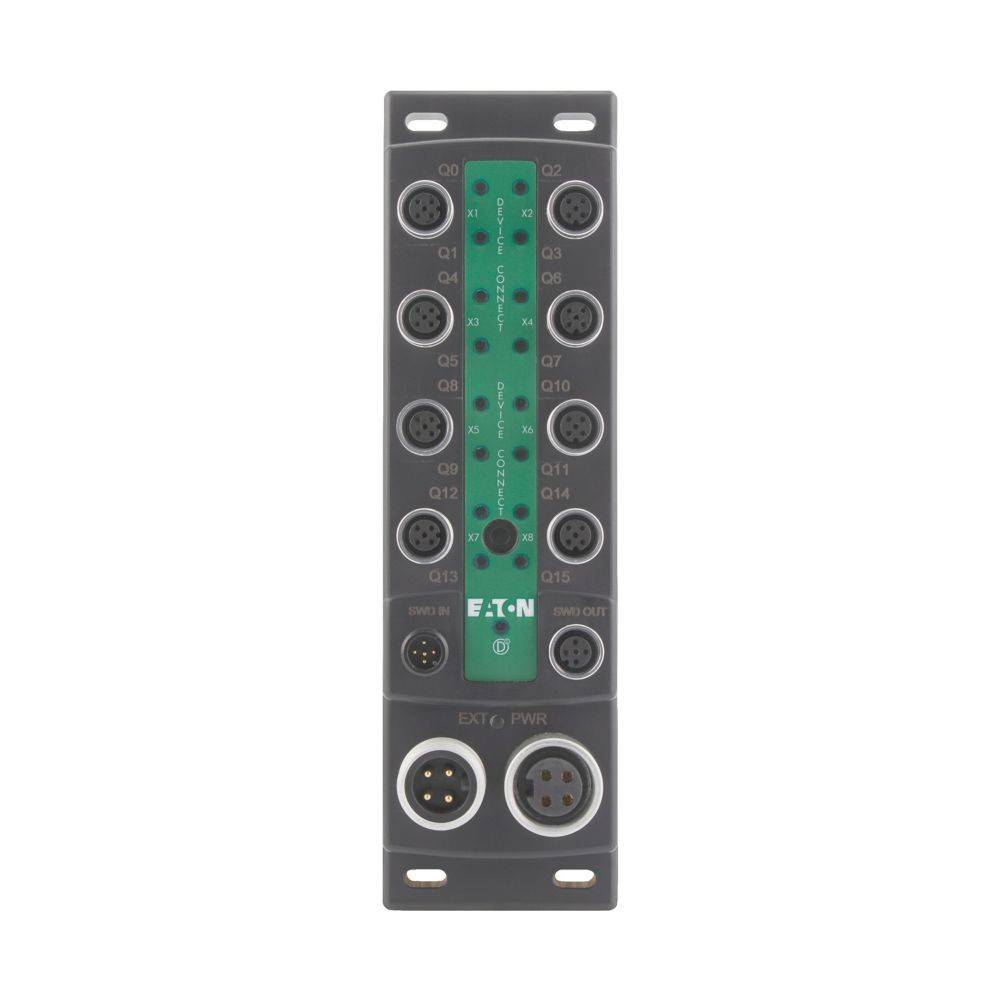 IO-Link-Modul mit mehreren kreisförmigen Anschlüssen für Konnektoren, beschriftet von 0 bis 15, und zwei größeren kreisförmigen Stromkonnektoren am unteren Rand.