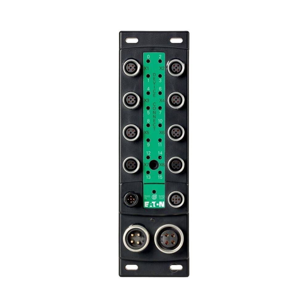 Elektrische Schalttafel mit mehreren kreisförmigen Anschlüssen und einem grünen Etikett, auf dem Zahlen zu sehen sind. Das Markenlogo 'E-T-N' ist sichtbar.