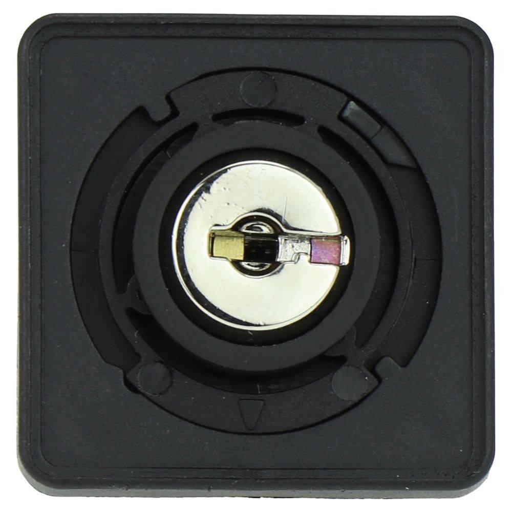 Ein quadratischer schwarzer Kontrollknopf mit einem metallischen kreisförmigen Zentrum, das einen farbigen Indikator aufweist und zur Einstellung oder Steuerung von Funktionen verwendet wird.