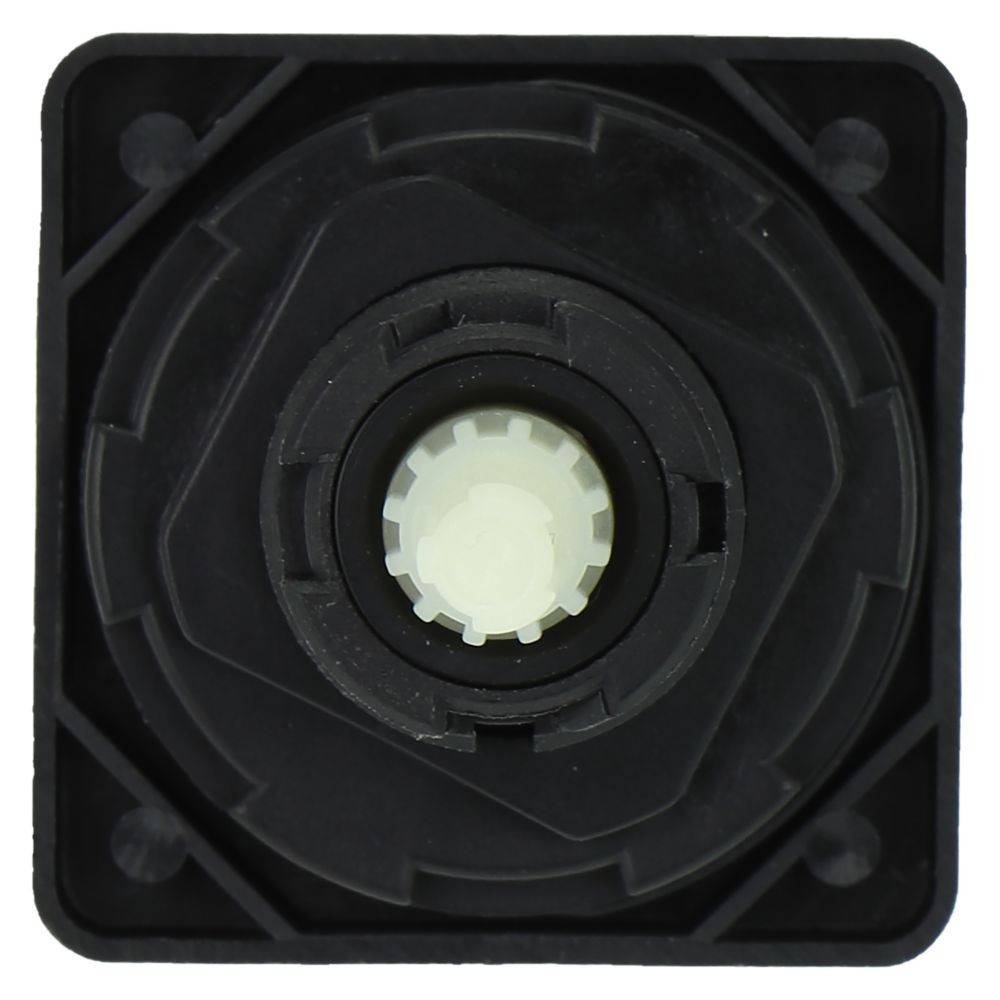 Nahaufnahme eines schwarzen, quadratischen Joystick-Sockels mit einer zentrierten, weißen, zahnradähnlichen Komponente, die für präzise Steuerung in Videospielen oder Maschinen verwendet wird.