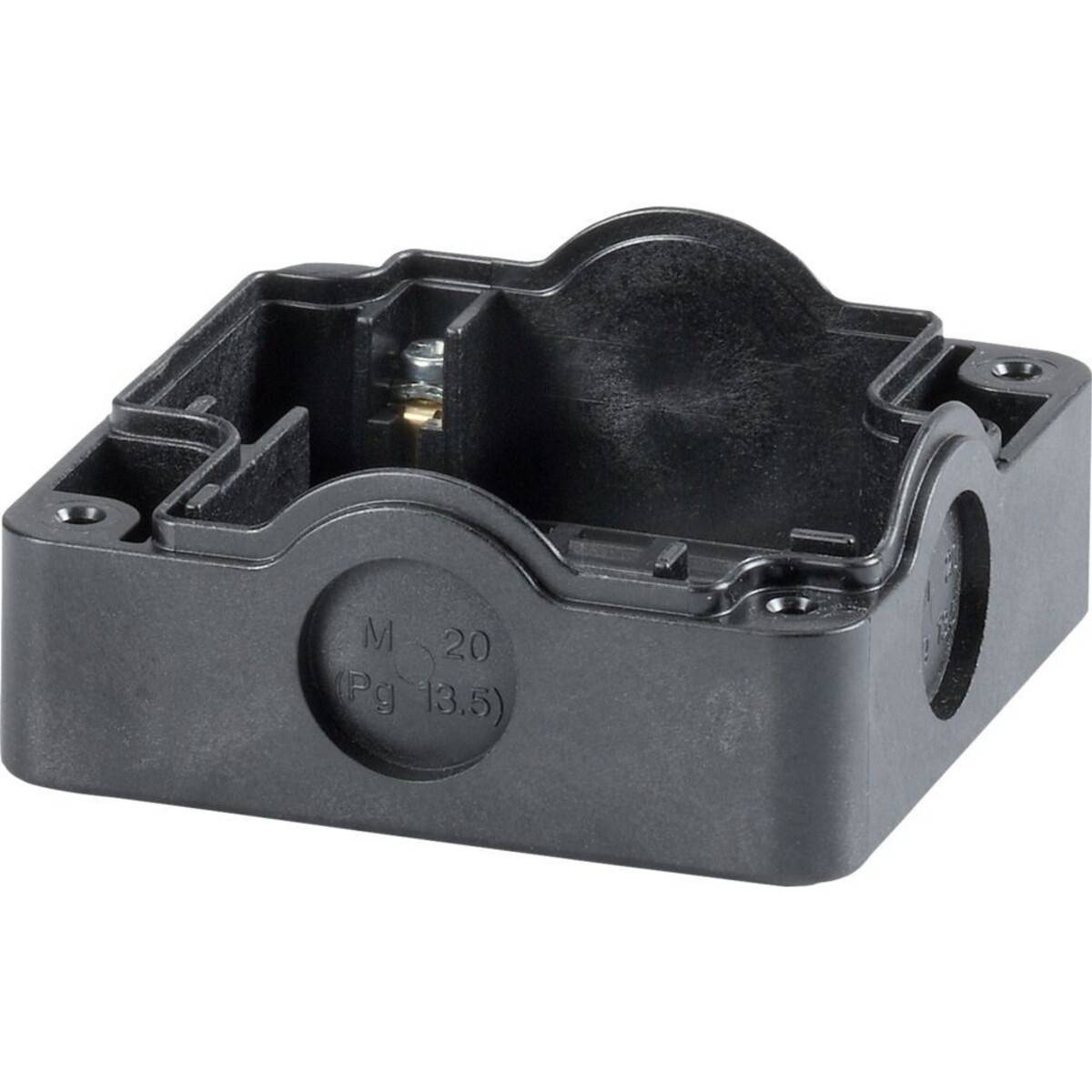 Eine schwarze Kunststoff-Montageplatte für einen Näherungssensor E2E, mit quadratischer Form, abgerundeten Kanten und mehreren Rillen für die Montage.