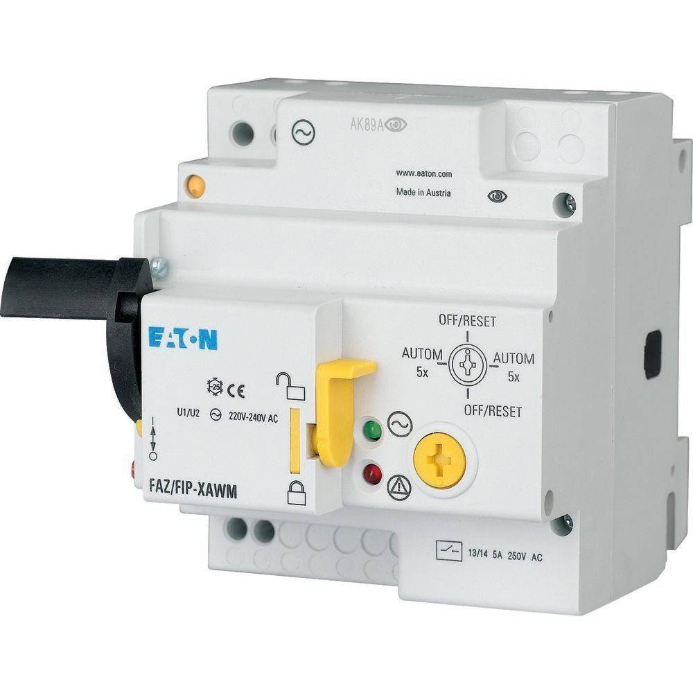 Eaton FAZ/FIP-XAWM Leitungsschutzschalter, weiß mit gelbem Kippschalter und schwarzem Kabel, ausgelegt für 220-240V AC, 13A, 5A.