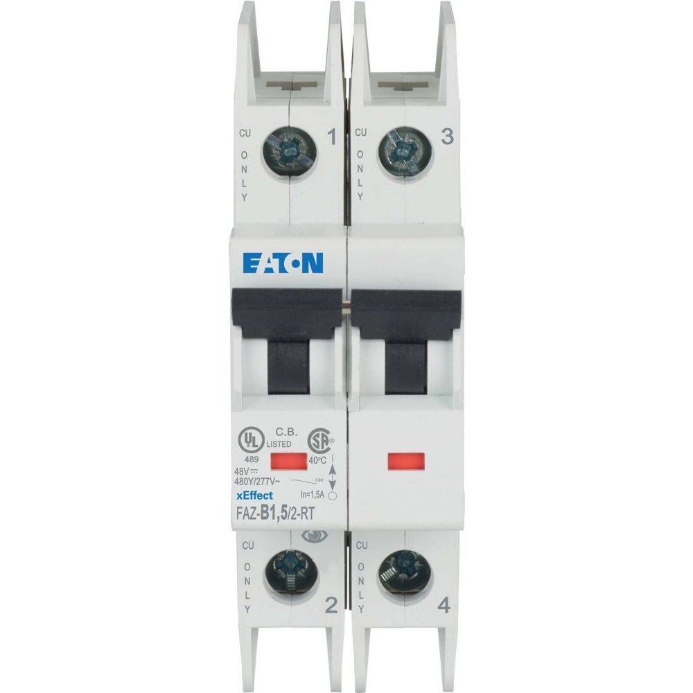 Eaton Miniatur-Leitungsschutzschalter mit zwei Polen, gekennzeichnet als 'CU ONLY'. UL gelistet, Modell FAZ-B1,52-RT.