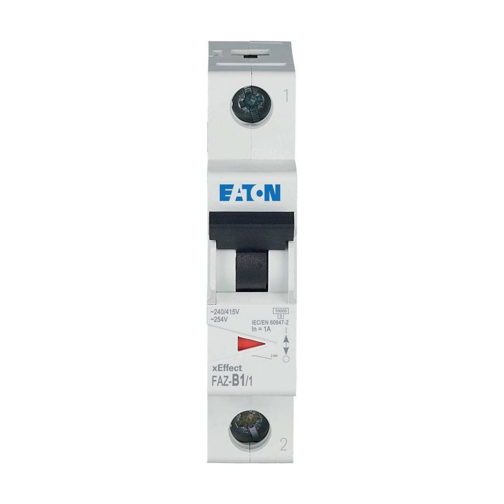 Ein Leitungsschutzschalter mit der Bezeichnung 'Eaton xEffect FAZ-B1/1', mit einem Schalter in der Mitte, der zur elektrischen Stromkreisabsicherung verwendet wird.