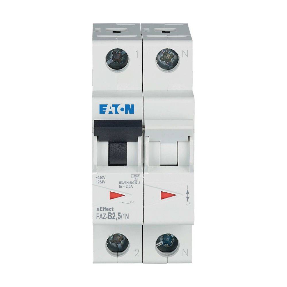 Ein weißer Doppelpol-Leitungsschutzschalter mit der Beschriftung 'Eaton' und dem Modell 'FAZ-B2,5/1N', der Spannungs- und Stromstärkeangaben zeigt.