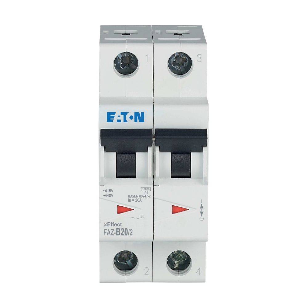 Ein Zweipol-Leitungsschutzschalter mit der Bezeichnung 'Eaton xEffect FAZ-B20/2', der in der Ausschaltposition gezeigt wird und für elektrische Sicherheit verwendet wird.
