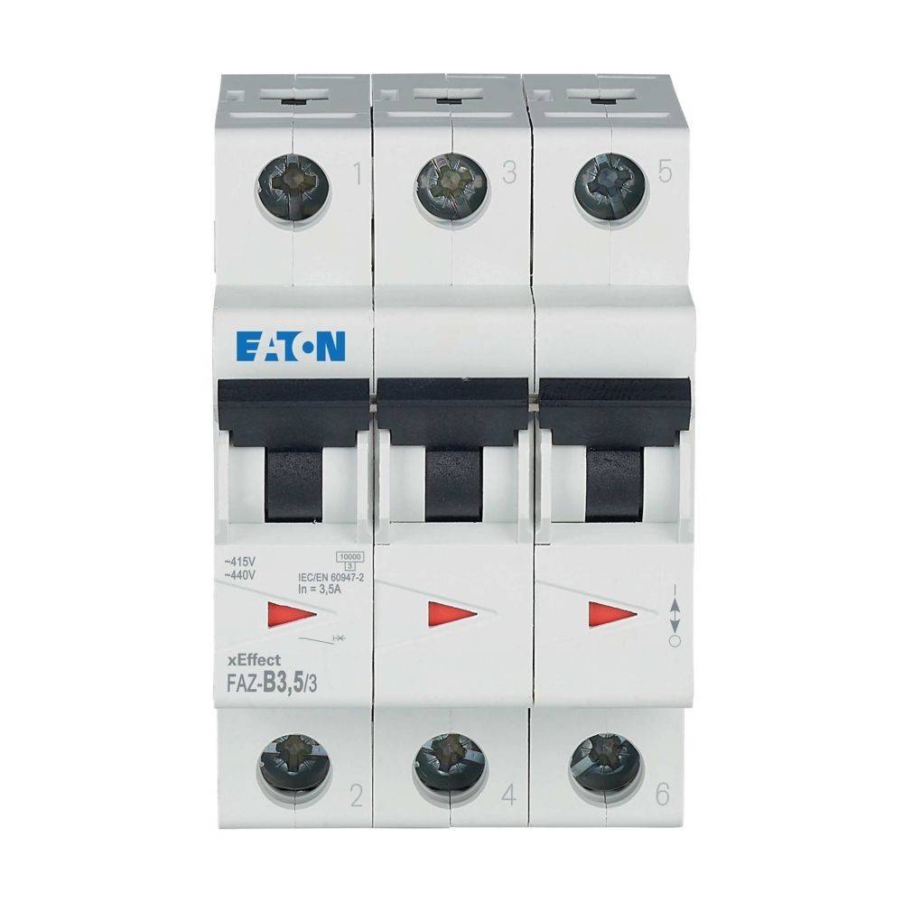 Drehstrom-Leistungsschalter mit Schaltern beschriftet von 1 bis 6, Marke Eaton, Modell xEffect FAZ-B3, ausgelegt für 63A und 400V.