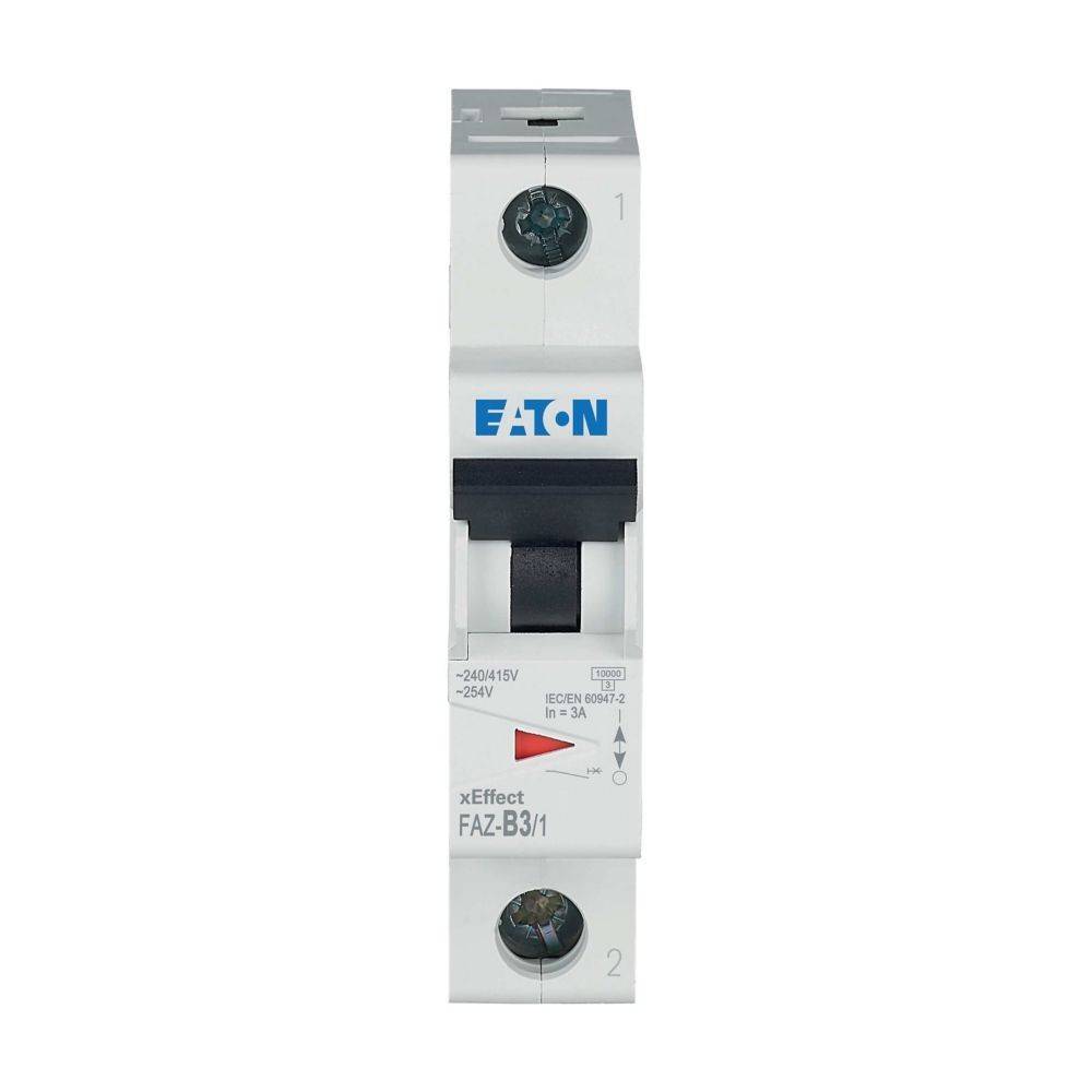FAZ-B3/1' Eaton Leistungsschalter mit ON/OFF-Schalter, Anschlussklemmen und Spezifikationsetiketten.
