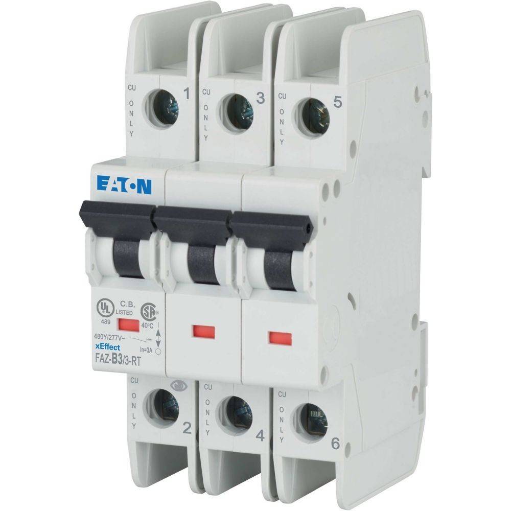 Ein dreipöliger Eaton-Leistungsschalter, Modell FAZ-B3/3-R1, ausgelegt für 480Y/277V, 10kA, mit Ein-/Aus-Schaltern und UL-Zertifizierung.