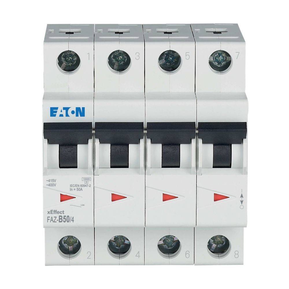 Vierpoliger Leistungsschalter von Eaton, Modell FAZ-B50/4 für 400V, 50A Anwendungen, mit einzelnen Schaltern und Anzeigefenstern.