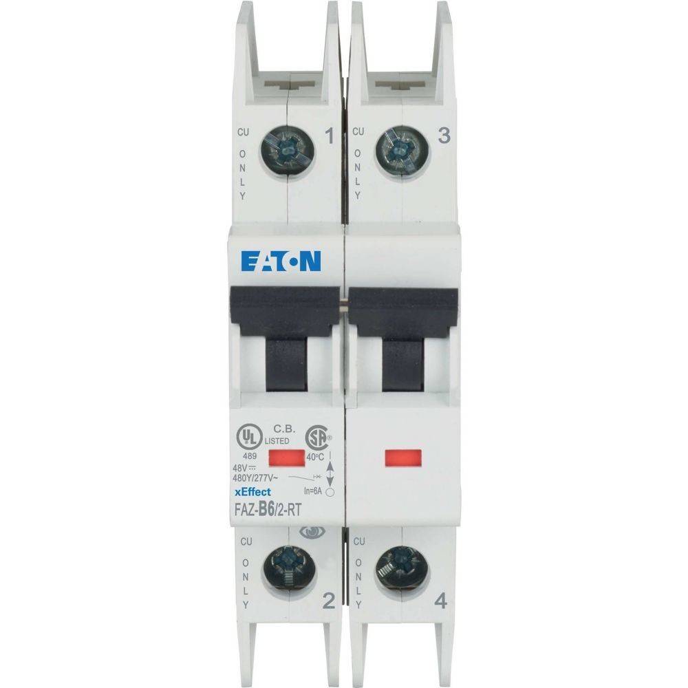 Eaton 2-Pol-Leistungsschalter mit der Bezeichnung 'FAZ-B62-R1', mit den Nummern '1', '2', '3' und '4' auf jedem Anschluss. Nur geeignet für Kupferkabel.