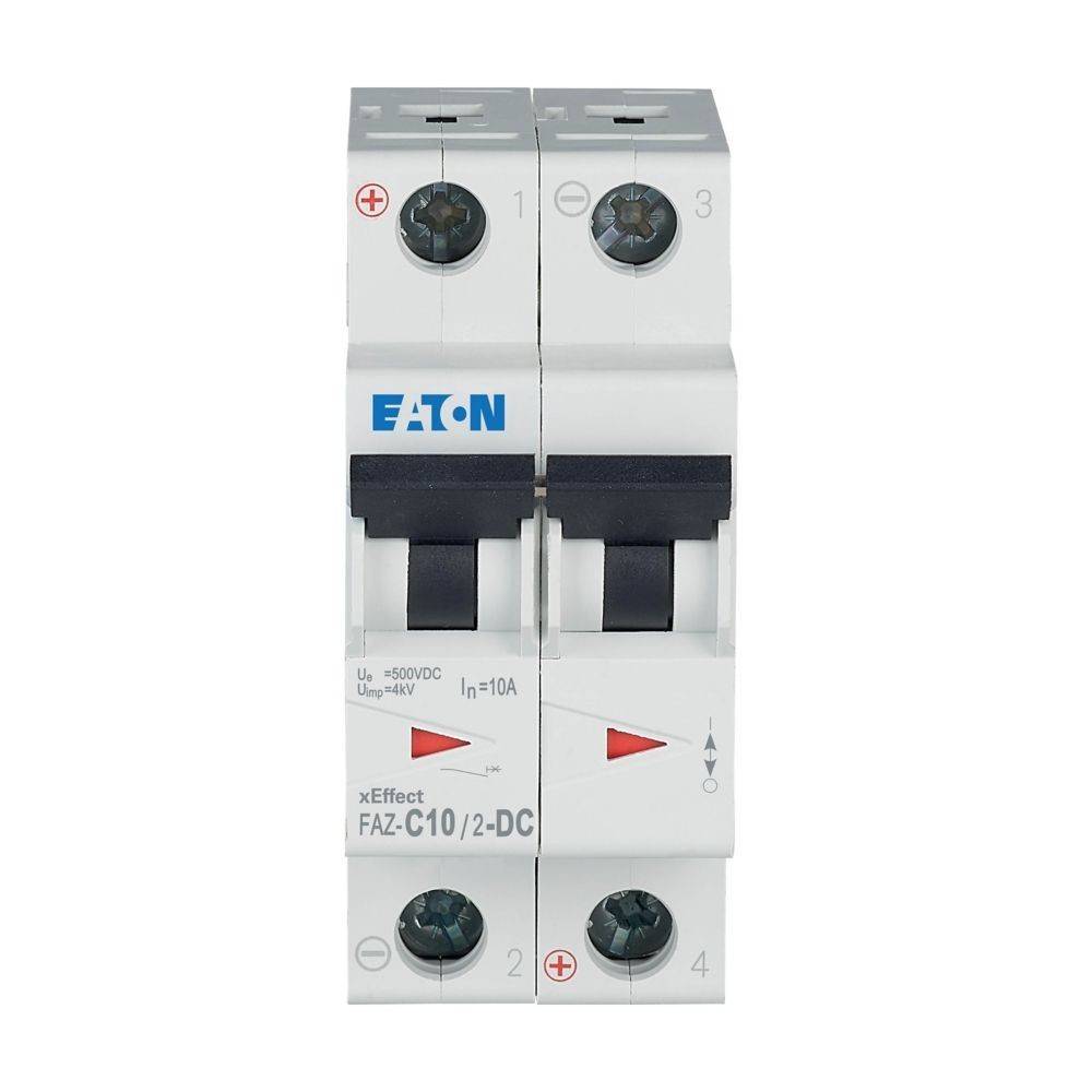 Ein Zweipol-Leistungsschalter mit der Bezeichnung 'Eaton xEffect FAZ-C10/2-DC' mit Positiv- und Negativanzeigen, ausgelegt für 500VDC, 10A.