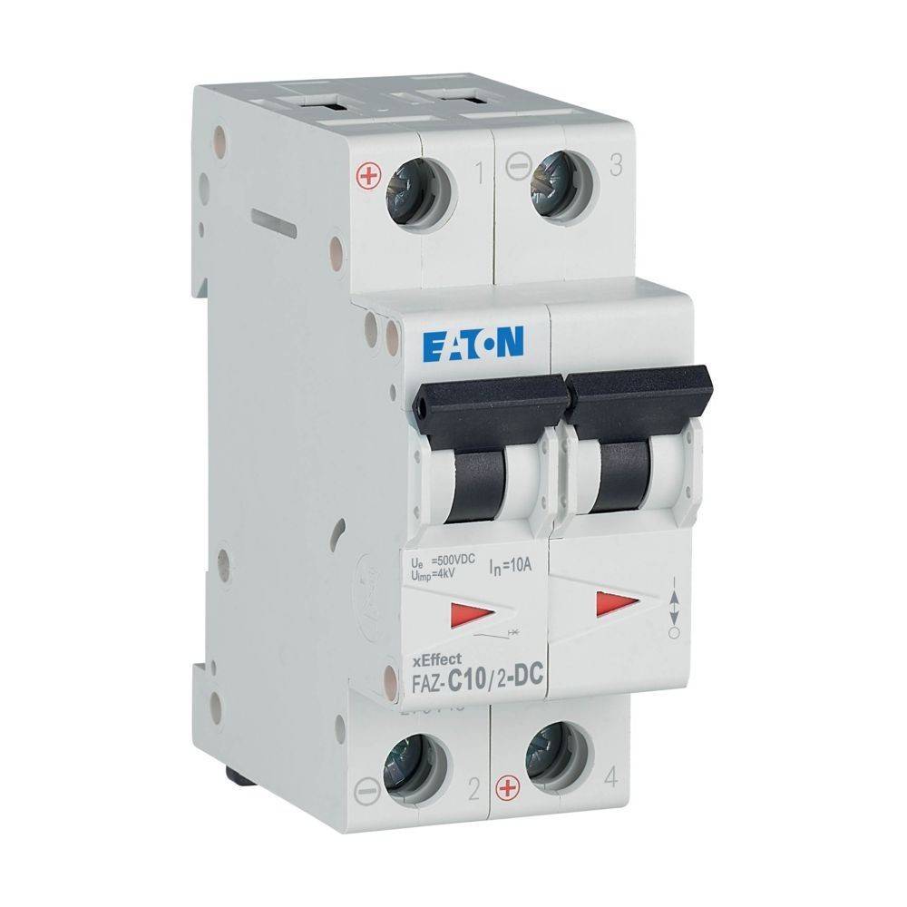Eaton Leistungsschalter, Modell FAZ-C10/2-DC, Nennstrom 10A, 600V DC. Mit Doppelschalter und positiven/negativen Anschlusskennzeichnungen.
