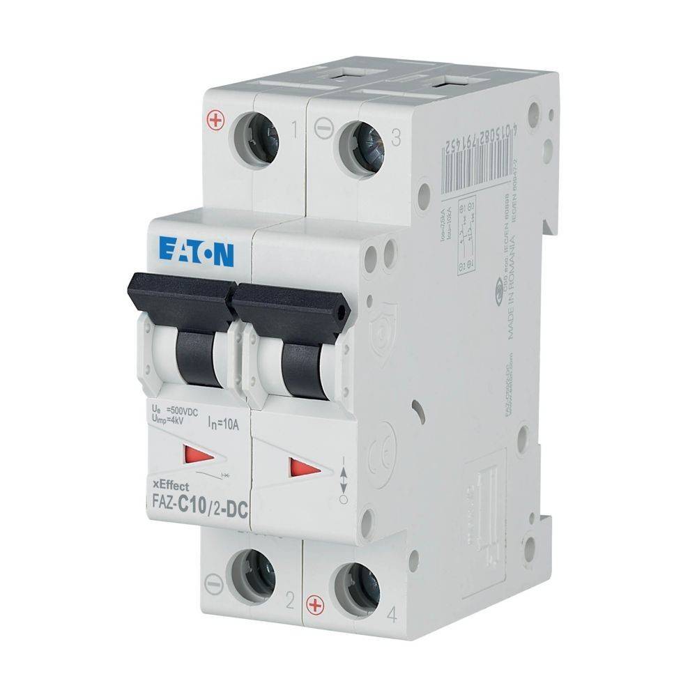 Ein Zweipol-Leitungsschutzschalter von Eaton, gekennzeichnet mit 'FAZ-C10/2-DC', entwickelt für den elektrischen Stromkreisschutz, mit Schaltern und Anschlussports.