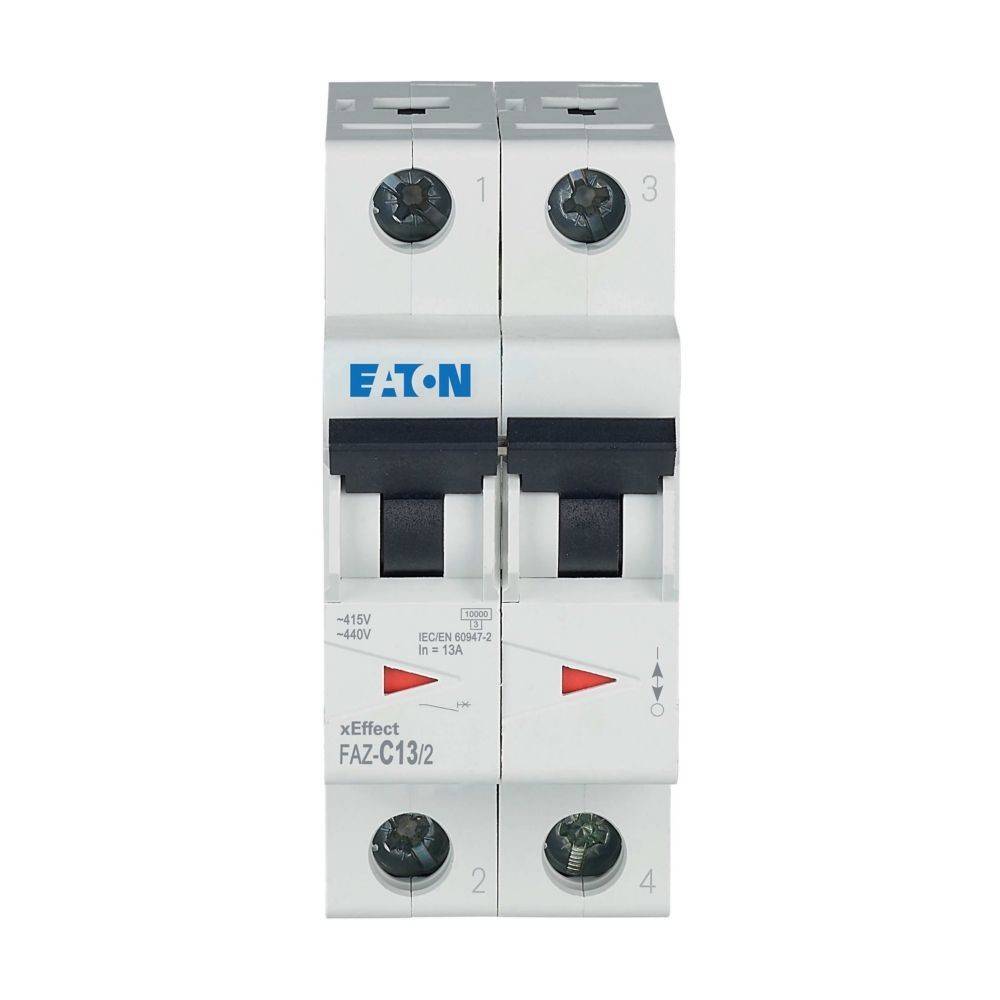 Eaton Leitungsschutzschalter FAZ-C13/2 mit zwei Polen, weißes Gehäuse, beschriftet mit 240V, 13A, verwendet für elektrischen Leitungsschutz.