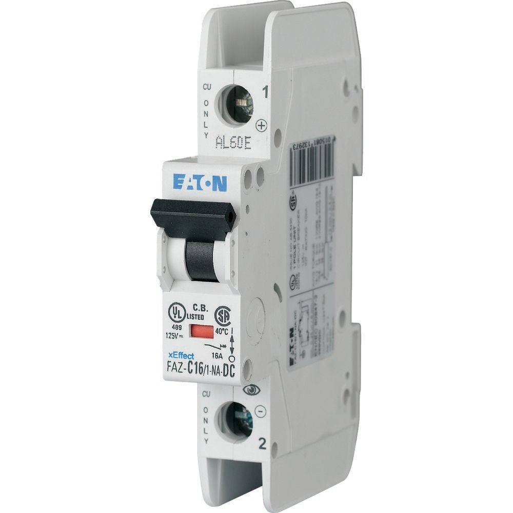 EATON' Leistungsschalter, Modell FAZ-C16/1-NA-DC, weiße Gehäuse, verwendet zur Steuerung und zum Schutz elektrischer Schaltkreise.