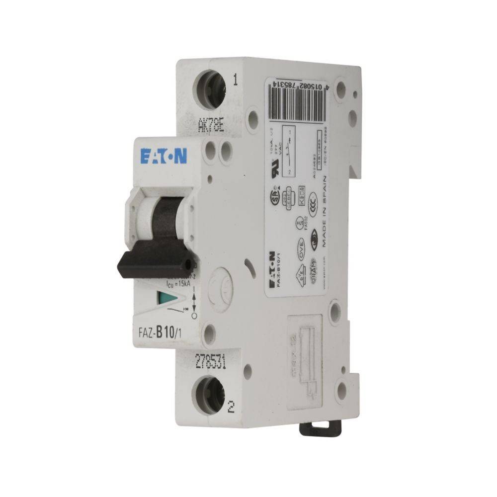 Ein weißer Eaton-Leistungsschalter mit einem schwarzen Schalter und verschiedenen technischen Markierungen, verwendet für elektrische Sicherheit und Steuerung des Stromflusses.