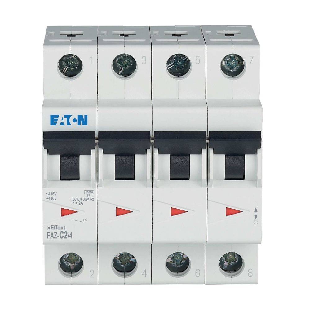 Leitungsschutzschalter mit der Bezeichnung 'Eaton FAZ-C2/4', ausgestattet mit vier Schaltern, ausgelegt für 240V und 25A, zur Absicherung elektrischer Stromkreise.