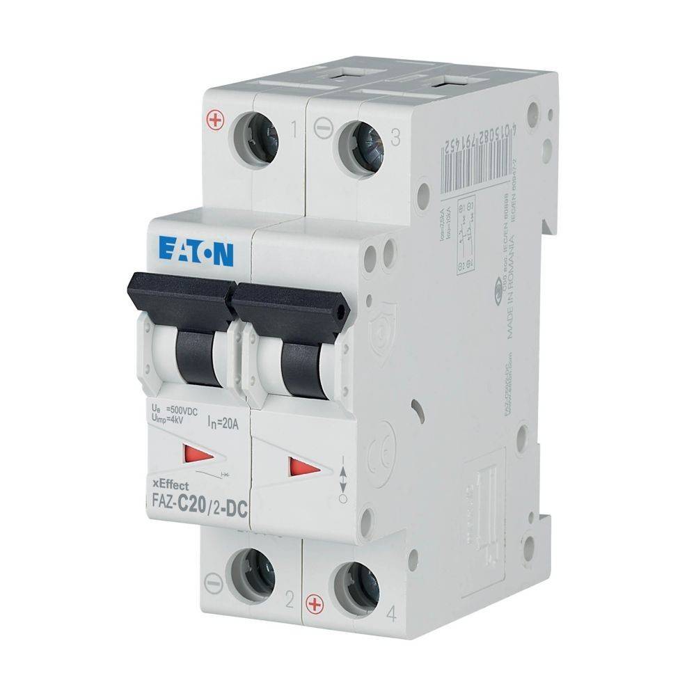 Ein weißer Eaton FAZ-C20/2-DC Doppelpol-Leistungsschalter, entwickelt für elektrische Sicherheit, mit beschrifteten Kippschaltern und Anschlusspunkten.