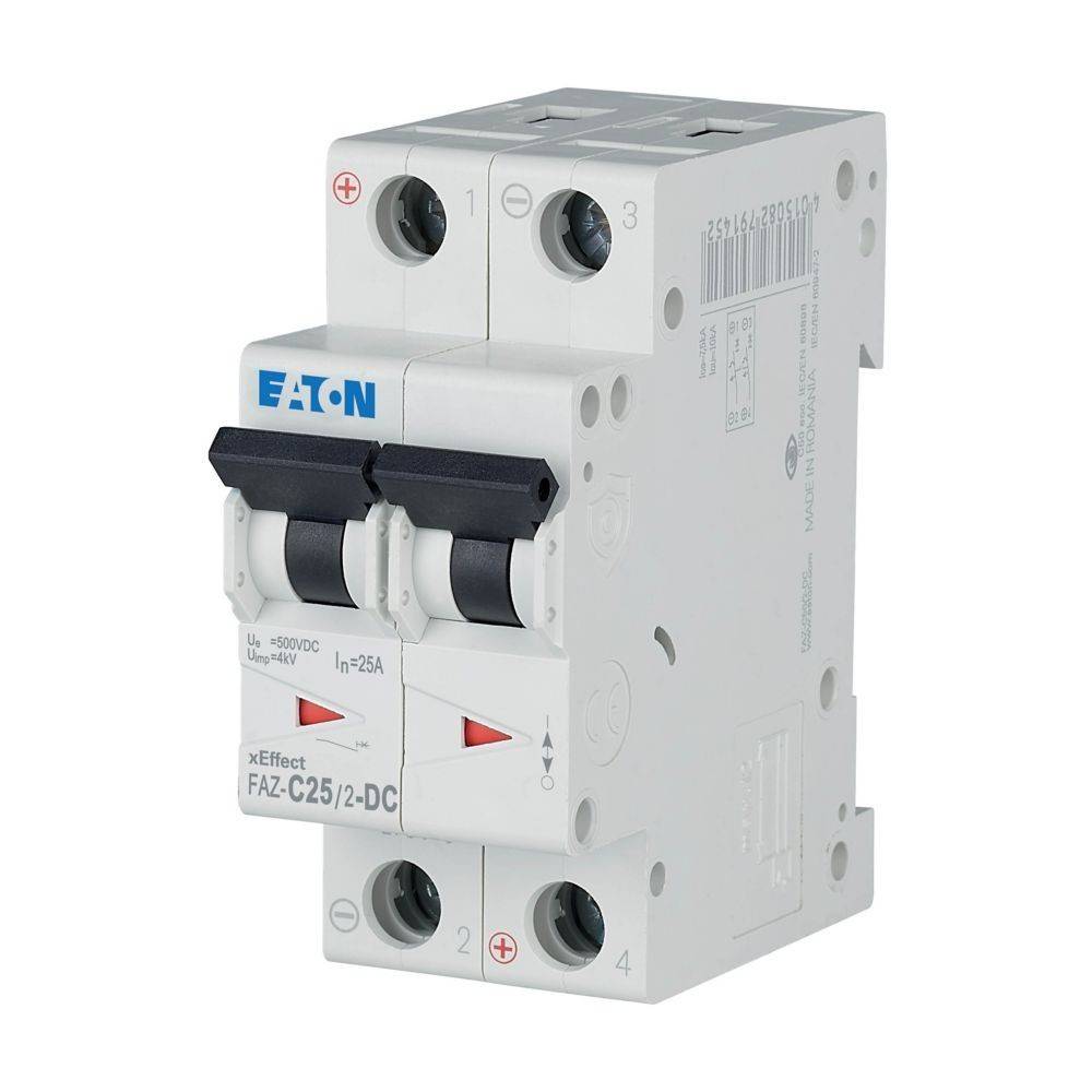 Ein Zwillings-Schutzschalter mit der Bezeichnung ‚Eaton', Modell ‚FAZ-C25/2-DC', konzipiert für den elektrischen Leitungsschutz bis zu 25A und 480V Gleichstrom.