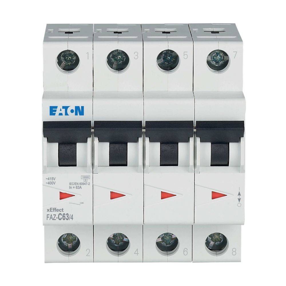Abbildung eines vierpoligen Eaton FAZ-C63/4 Leistungsschalters mit roten Indikatorpfeilen, verwendet für elektrischen Leitungsschutz.